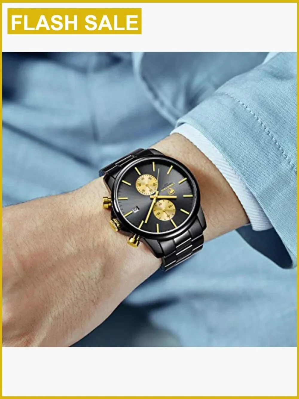 Stainless Steel Chronograph Quartz Watch for Men Waterproof 3ATM